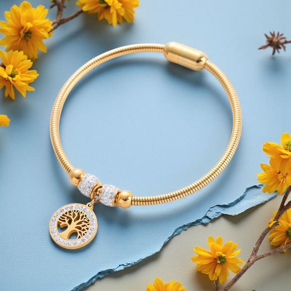 ๐๏ธ18K Gold Plated Stainless Steel Bangle with Tree of Life Charm FREE Earrings - Picture 13 of 13